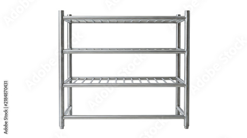 Empty threetier stainless steel kitchen shelving unit isolated on transparent background