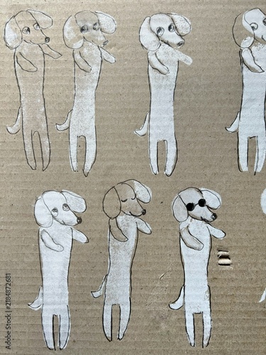 many dogs and cardboard texture, dachshund illustration, paper background material