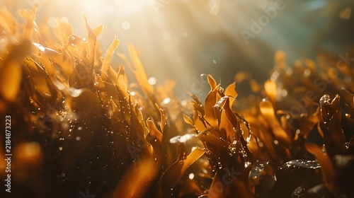 Close-up cinematic shot of golden brown seaweed swaying underwater with vibrant sun rays piercing through the clear ocean surface, highlighting natural textures and bubbles in a marine ecosystem.