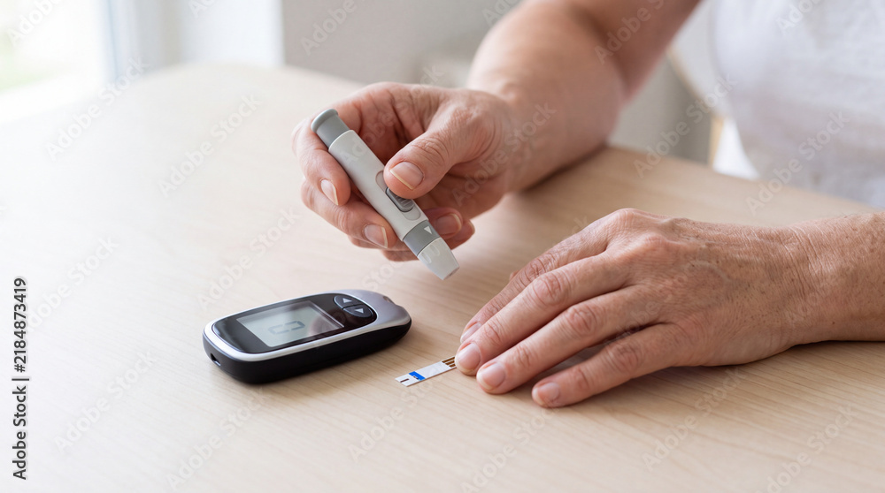 Fototapeta premium Person testing blood glucose level with a digital glucometer at home.