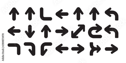 Black direction arrows icon set for map navigation UI design and website directional pointer symbols.