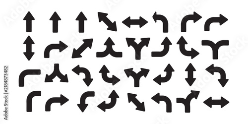 Rounded road turn navigation arrows set with split way fork and intersection direction marker icons.