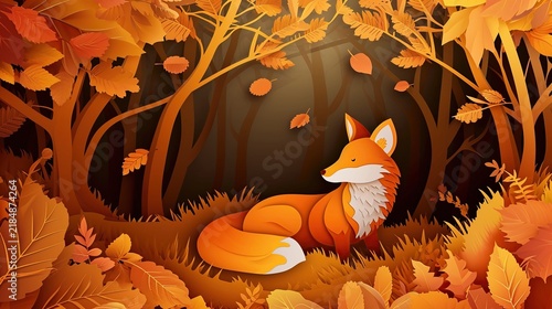 Creative paper cut illustration of an orange fox in a dense autumn forest with colorful falling leaves and layered woodland scenery.