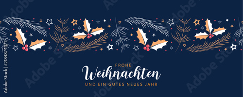 christmas greeting card banner with fir branches and holly berry border vector illustration