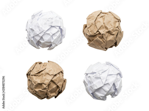 Set of crumpled paper balls in white and brown isolated on transparent background