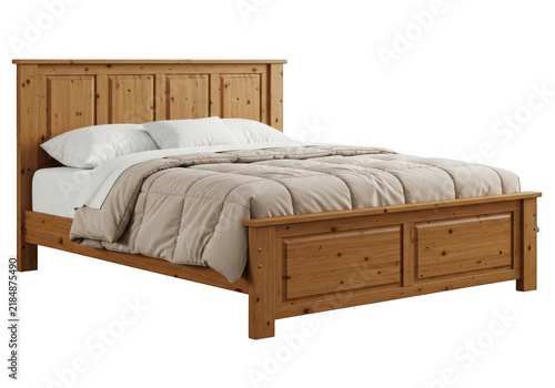 Wooden bed with white linens and a quilted cover rests on transparent background