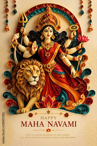 Goddess Durga Maha Navami Greeting with Lion Paper Quilling Art