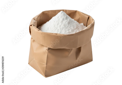Paper bag filled with white powder on transparent background sack container flour