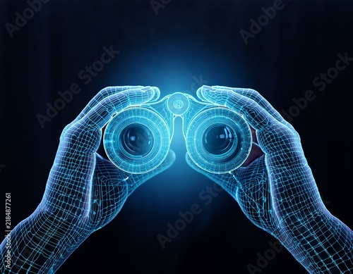 digital wireframe binoculars held by glowing blue hands abstract futuristic concept of searching and discovery network connections and data visualization