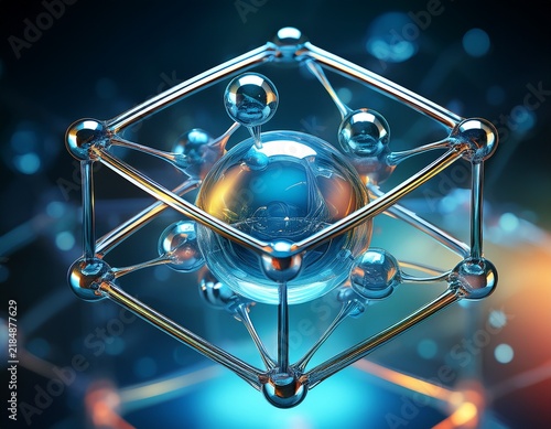 transparent molecule with h at center glassy scientific representation