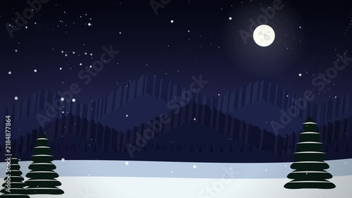 winter night mountain landscape with falling snow and pine trees