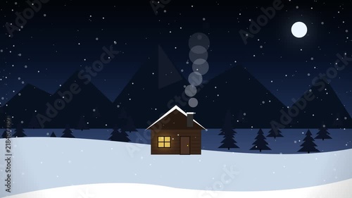 winter night landscape with snow falling over a wooden cabin