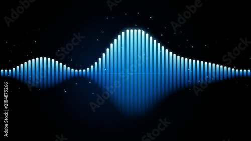 Blue digital audio equalizer waveform with glowing vertical bars and floating particles on dark background 4k video