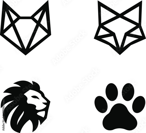 A collection of four bold black animal-themed vector icons featuring geometric fox head designs, a fierce lion head silhouette, and a paw print symbol. Clean minimalist style with strong shapes, suita
