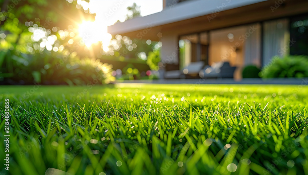 Obraz premium Fresh green grass in beautifully maintained backyard, lush healthy lawn, softly blurred modern house on background, warm natural daylight, peaceful residential atmosphere. Close-up.