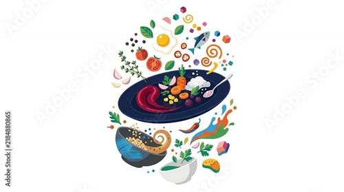 Bright Artistic Composition of Healthy Ingredients Including Vegetables Fish and Eggs for Balanced Diet Concept