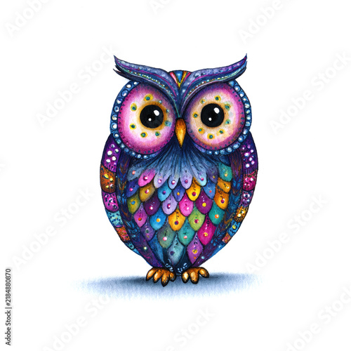 A little funny owl illustrated against a pure white background. Bright colors and an expressive character create a cheerful playful image.