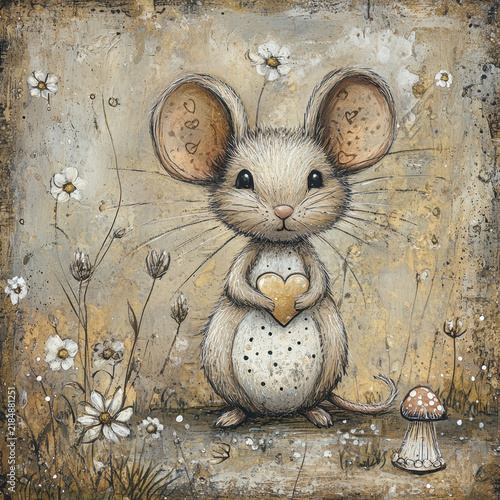 A whimsical acrylic-style painting of an adorable mouse nestled among delicate wildflowers. The naive artistic approach gives the scene a warm, handmade character.