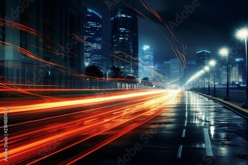 Urban street with blurred light trails of fast moving traffic at night