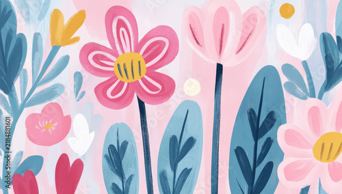 A naive gouache-style illustration featuring colorful cute flowers and playful plants. Visible brush texture adds a warm handmade character.