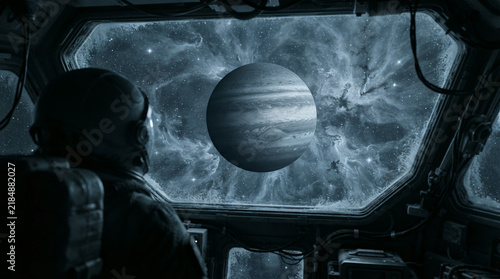 Pilot in a helmet looking out a spacecraft window at a banded gas planet