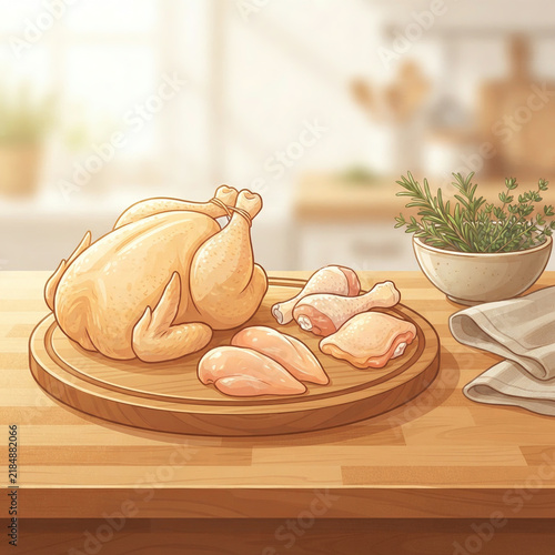 Chicken pieces on a round wooden board beside rosemary and a linen cloth