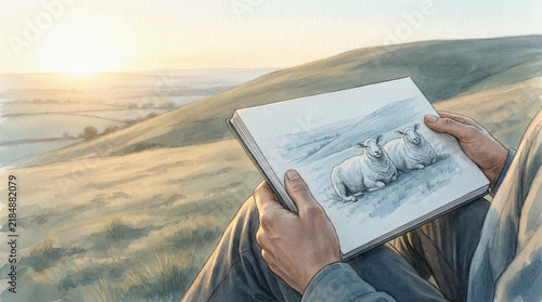 Hands holding a sketchbook of sheep open on a lap on a green grassy hillside