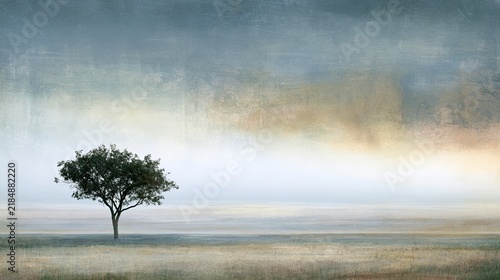 A minimal landscape with one small tree standing alone in an open field beneath a soft sky. Large areas of negative space create a calm and emotionally open atmosphere.