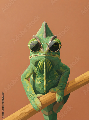 Chameleon in gold rimmed sunglasses on a branch in a studio seen up close