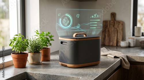 Smart Electric Food Composter on a Modern Kitchen Counter for Sustainable Living