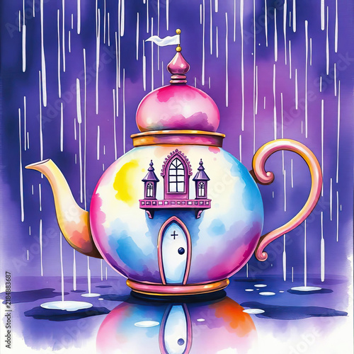 A fairy-tale teapot designed in the shape of a small house. Soft watercolor textures create a charming and imaginative illustration.
