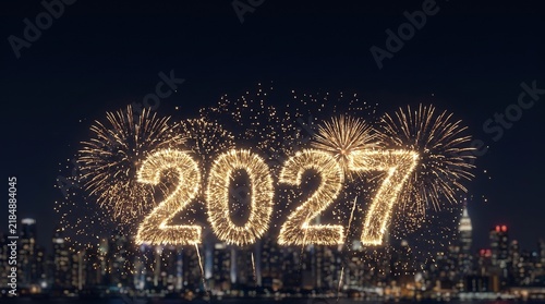 Golden 2027 New Year fireworks display over a city skyline at night.
