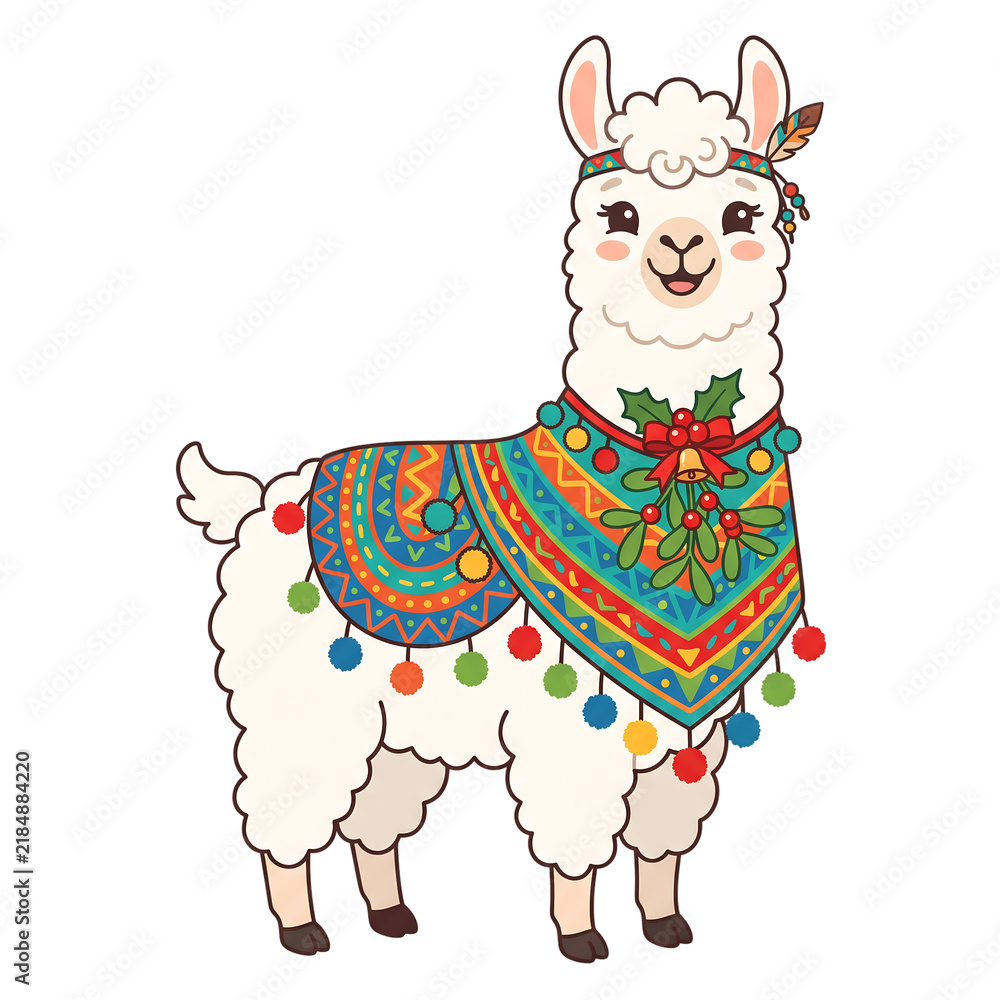 Fototapeta premium Cute cartoon llama wearing festive colorful blanket clipart on transparent background