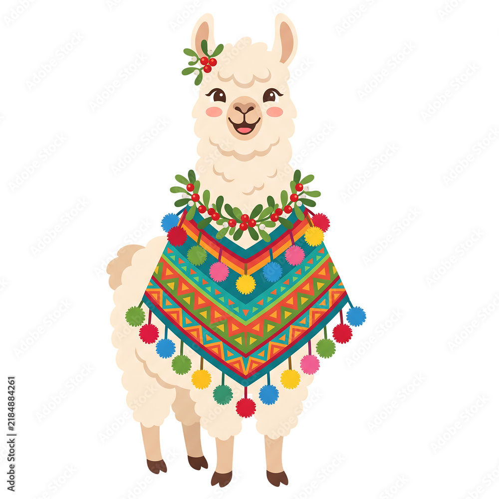 Fototapeta premium Cute llama wearing poncho and festive mistletoe clipart on transparent background