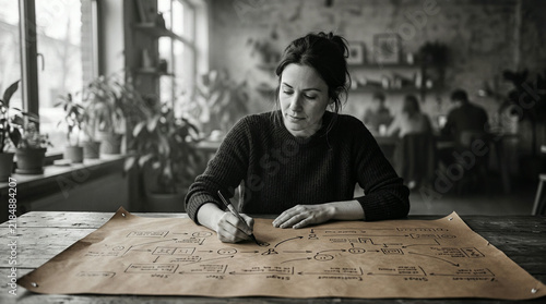 Woman sketching process diagram on large paper at studio table with visible workflow labels