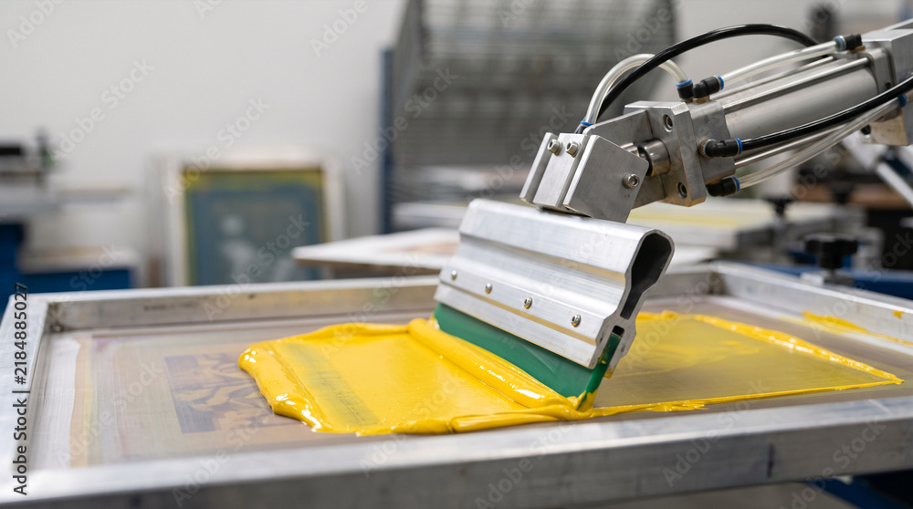 Fototapeta premium Screen printing machine applying yellow ink onto mesh screen