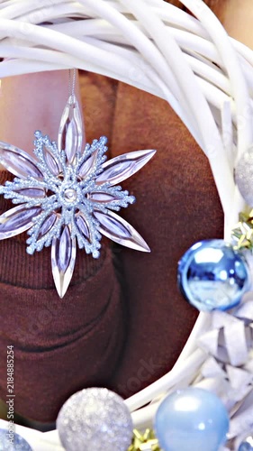Professional Christmas wreath with hanging star, turquoise and silver baubles