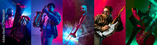 Bild auf Leinwand Neon portraits of musicians playing modern and traditional instruments