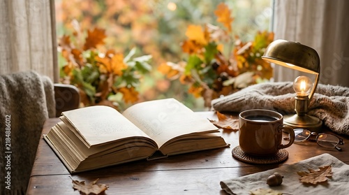 Cozy autumn reading nook with open book, warm drink, and fall foliage outside window
