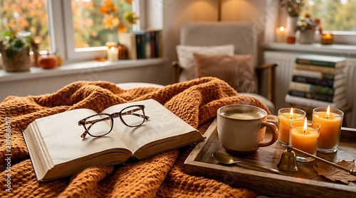 Cozy autumn reading nook with open book, coffee, candles, and warm blanket