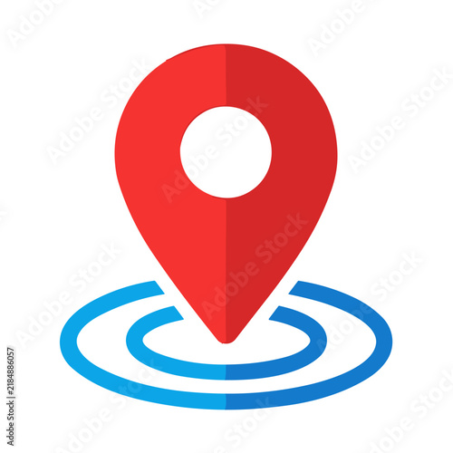 Red map pin pointer icon with blue circles vector illustration