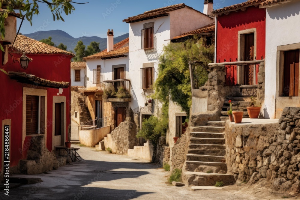 Fototapeta premium Traditional village architecture featuring red and white houses, rocky walls, and outdoor stairs under summer light