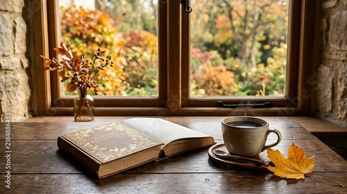 Cozy autumn reading nook with steaming coffee and open book by window