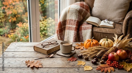 Cozy autumn reading nook with warm drink and fall harvest elements
