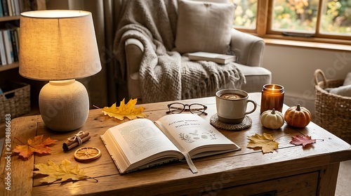 Cozy autumn reading nook with warm lamp light and steaming drink
