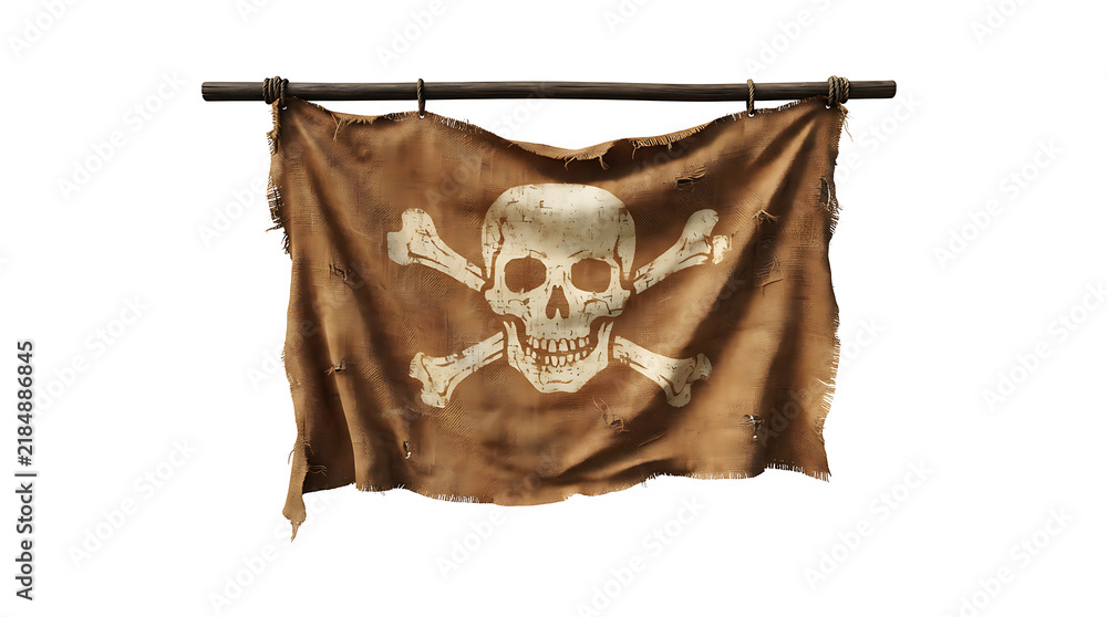 Fototapeta premium Vintage jolly roger pirate flag hanging from a dark wooden rod isolated on white