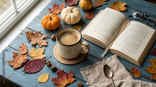 Cozy autumn reading scene with coffee and pumpkins