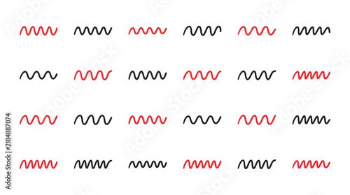 Minimalist zigzag pattern vector, red and black wavy line collection, geometric abstract squiggle elements for graphic design