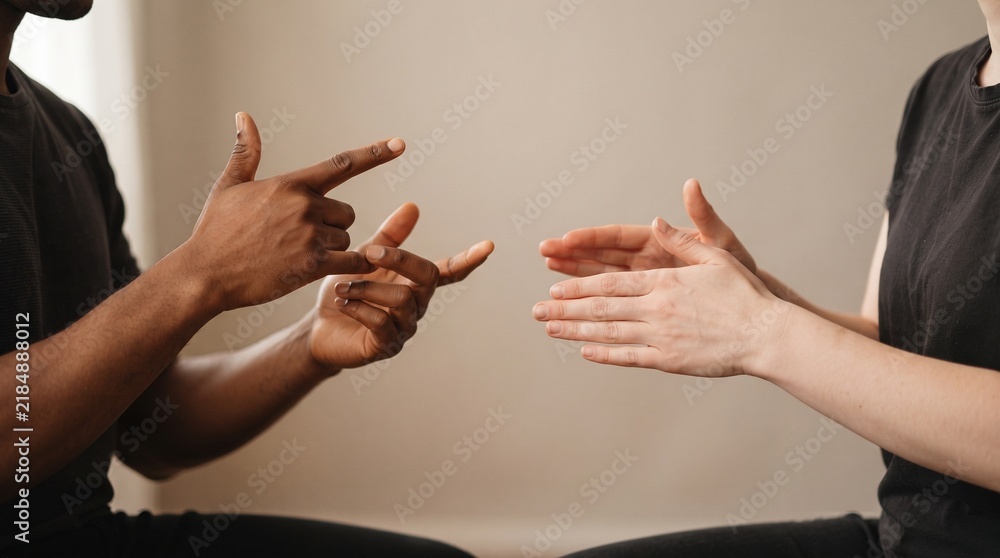 Obraz premium Two people communicating through sign language with expressive hand gestures, representing accessibility, understanding and inclusion