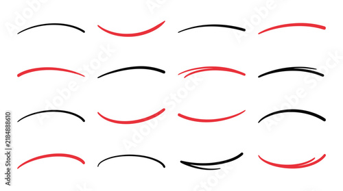 Hand drawn underline swoosh set, red and black curved brush strokes, 16 decorative highlight lines for text emphasis